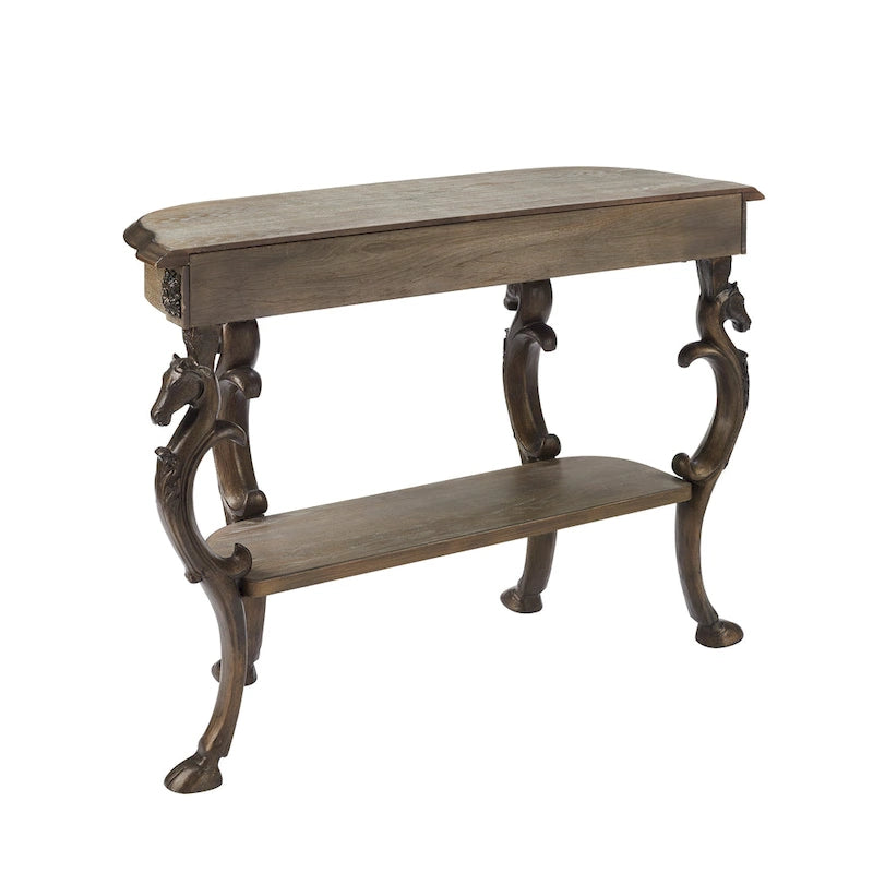 Console de style antique avec piètement en fer forgé en forme de pattes de cheval