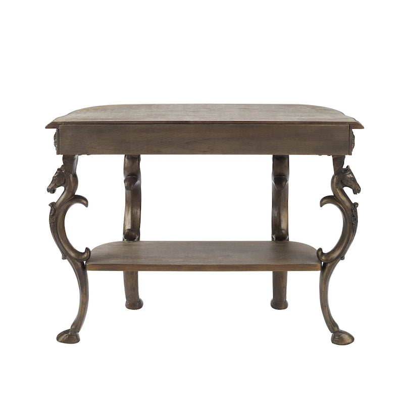 Console de style antique avec piètement en fer forgé en forme de pattes de cheval