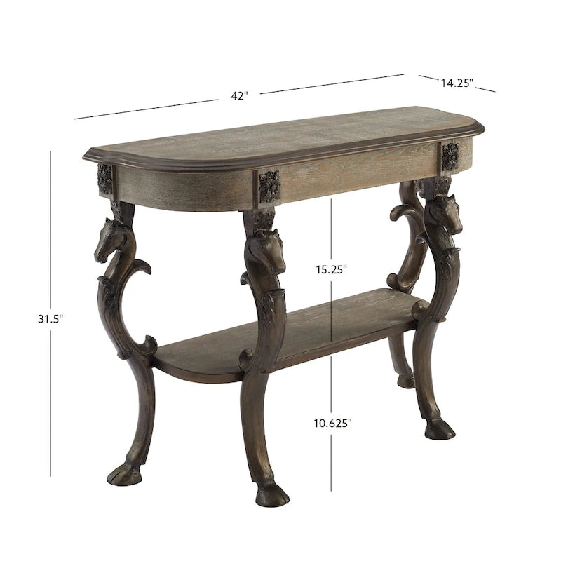 Console de style antique avec piètement en fer forgé en forme de pattes de cheval