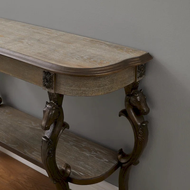 Console de style antique avec piètement en fer forgé en forme de pattes de cheval