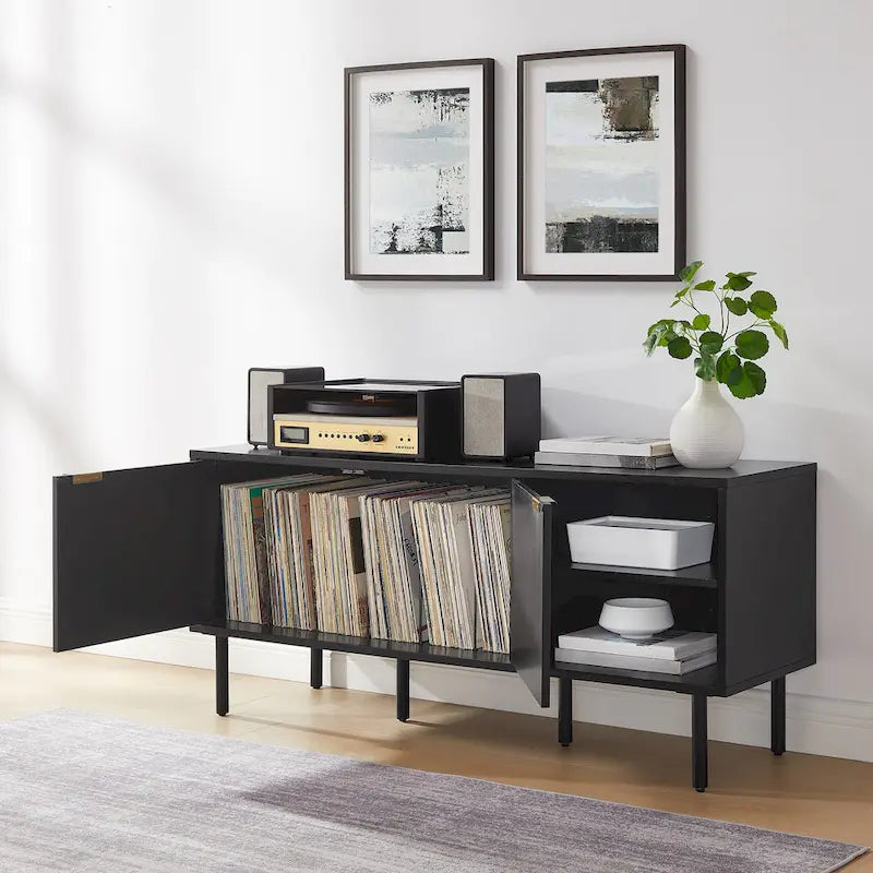 Enfilade de rangement pour disques vinyles avec placage chêne et poignées en laiton antique