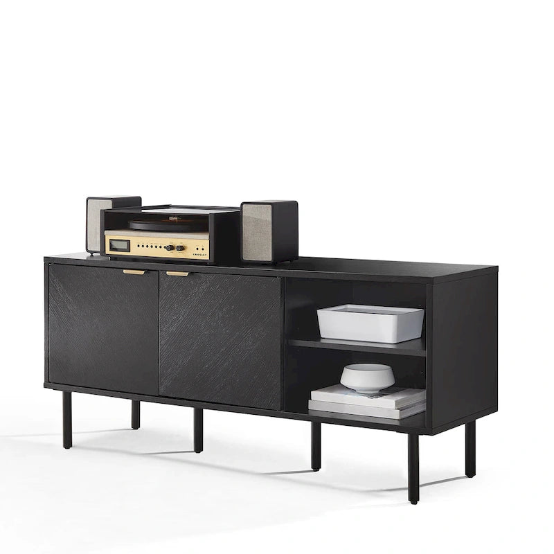Enfilade de rangement pour disques vinyles avec placage chêne et poignées en laiton antique