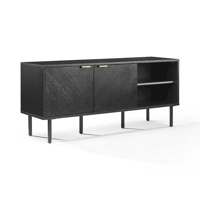 Enfilade de rangement pour disques vinyles avec placage chêne et poignées en laiton antique