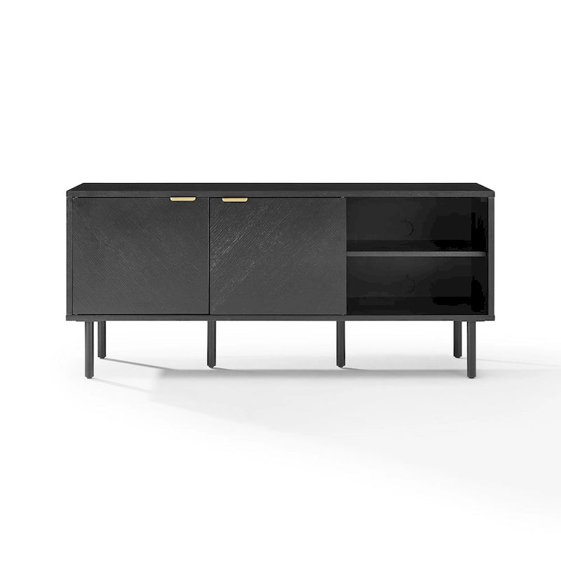 Enfilade de rangement pour disques vinyles avec placage chêne et poignées en laiton antique