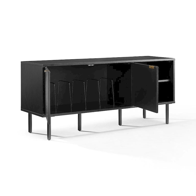 Enfilade de rangement pour disques vinyles avec placage chêne et poignées en laiton antique