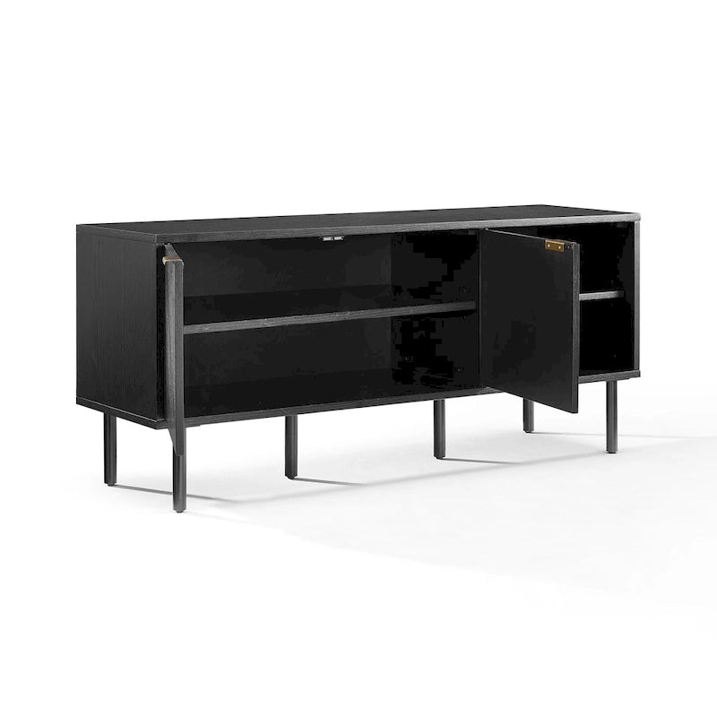 Enfilade de rangement pour disques vinyles avec placage chêne et poignées en laiton antique