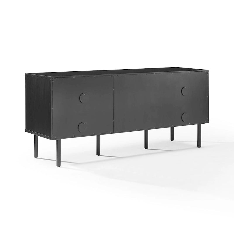 Enfilade de rangement pour disques vinyles avec placage chêne et poignées en laiton antique