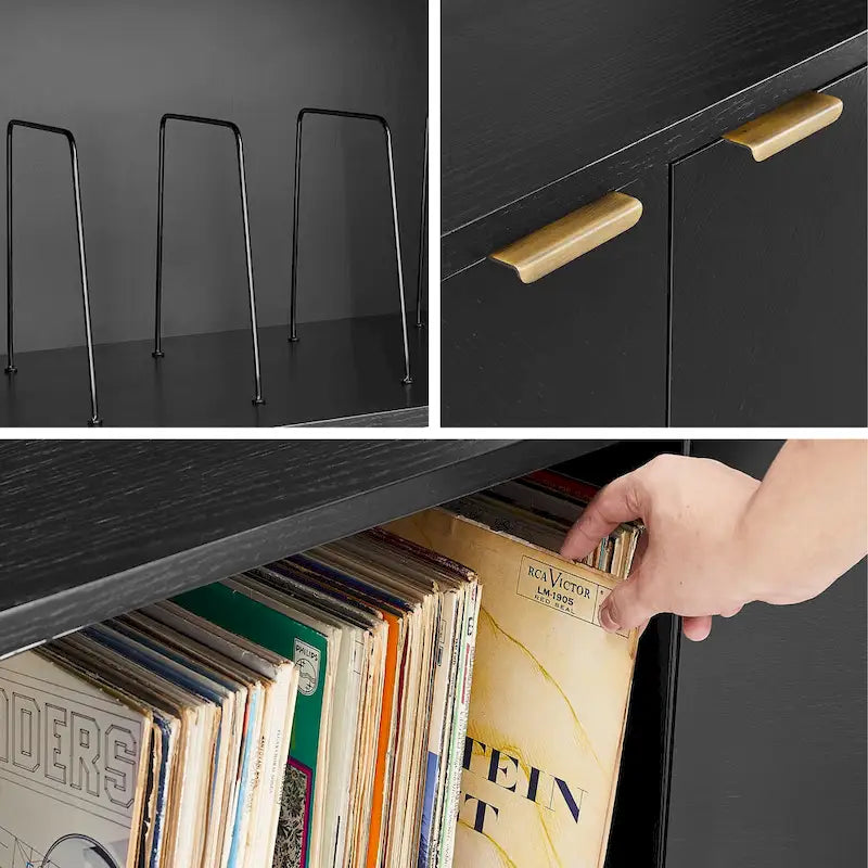 Enfilade de rangement pour disques vinyles avec placage chêne et poignées en laiton antique