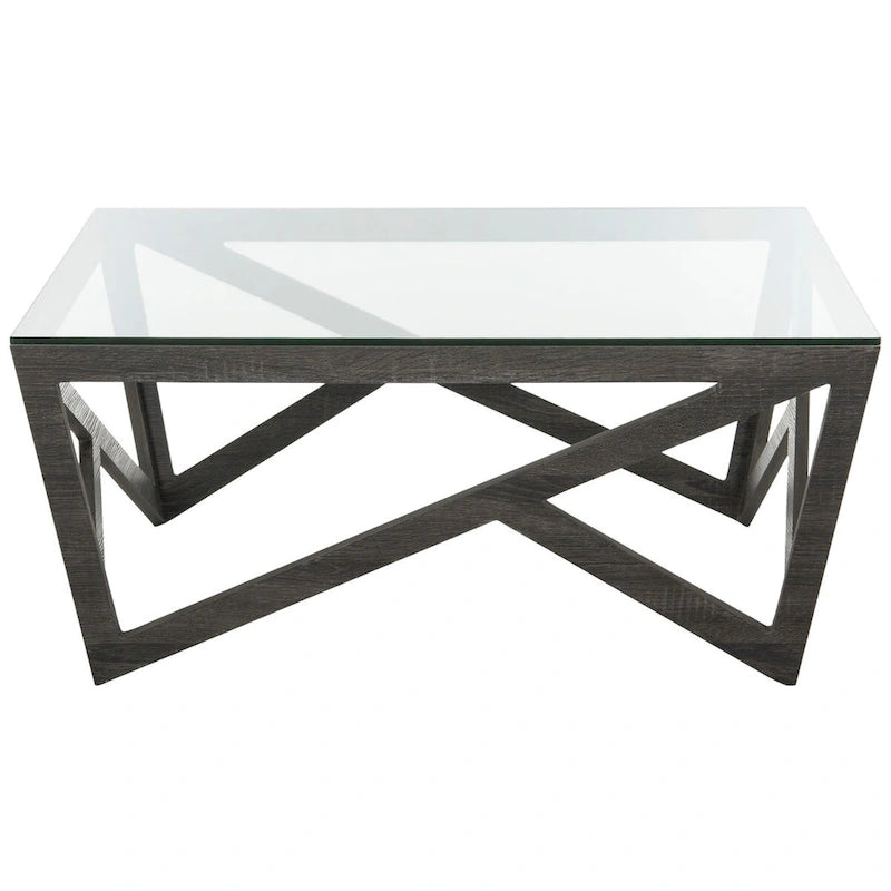 Table basse carrée avec plateau en verre et base gris foncé, style milieu de siècle