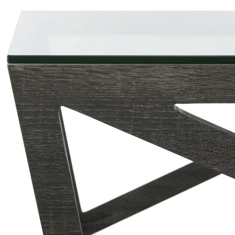Table basse carrée avec plateau en verre et base gris foncé, style milieu de siècle