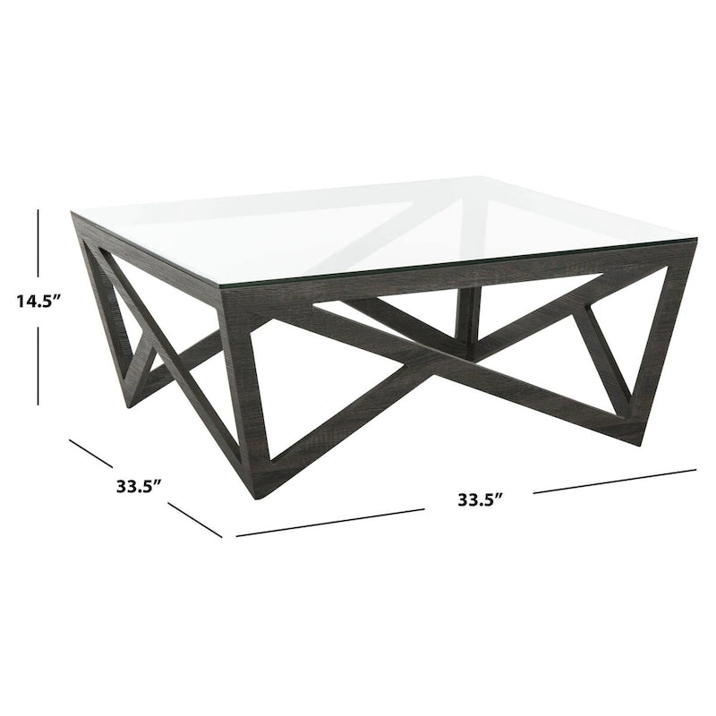 Table basse carrée avec plateau en verre et base gris foncé, style milieu de siècle
