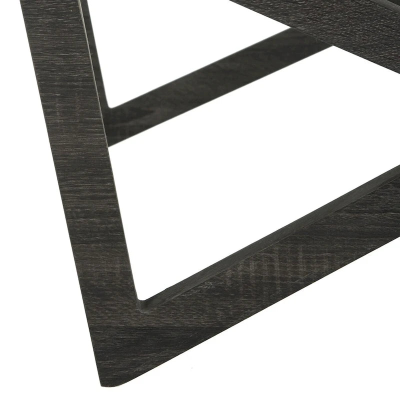 Table basse carrée avec plateau en verre et base gris foncé, style milieu de siècle