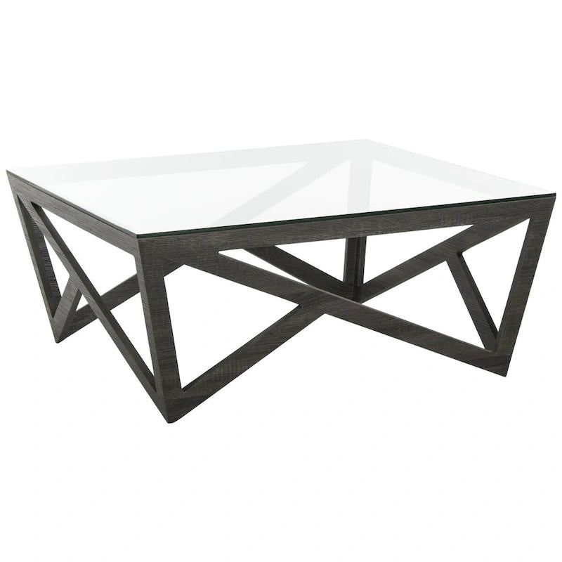Table basse carrée avec plateau en verre et base gris foncé, style milieu de siècle