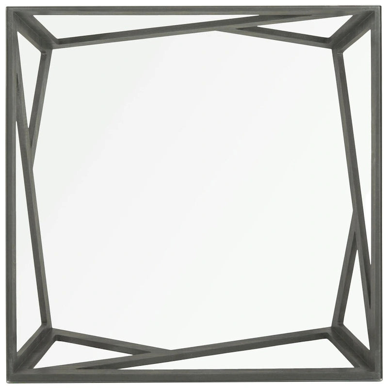 Table basse carrée avec plateau en verre et base gris foncé, style milieu de siècle