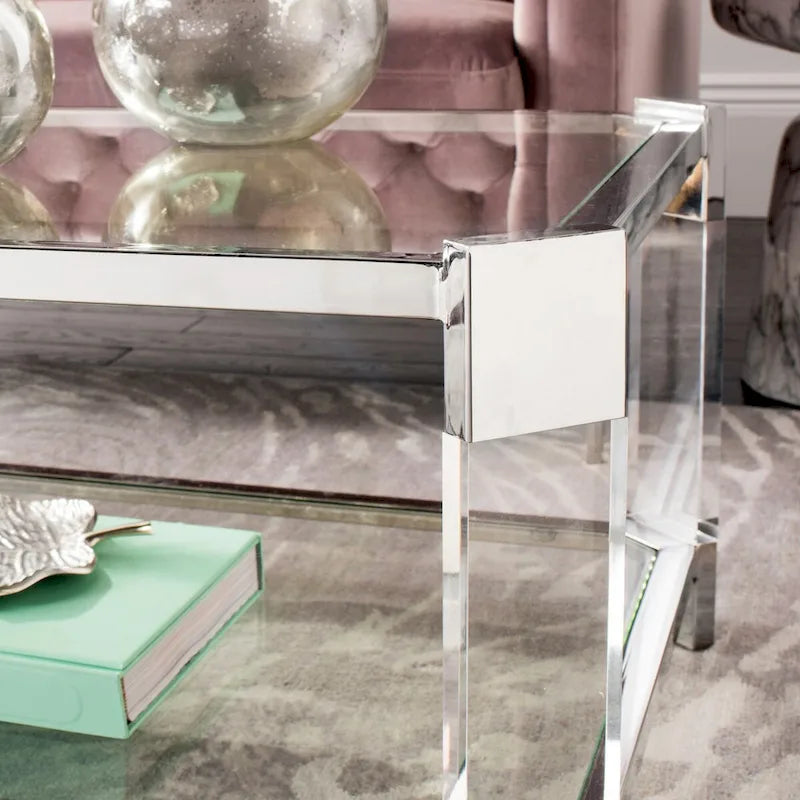 Table basse en verre transparent et acrylique avec cadre en acier inoxydable argenté | Luxe moderne