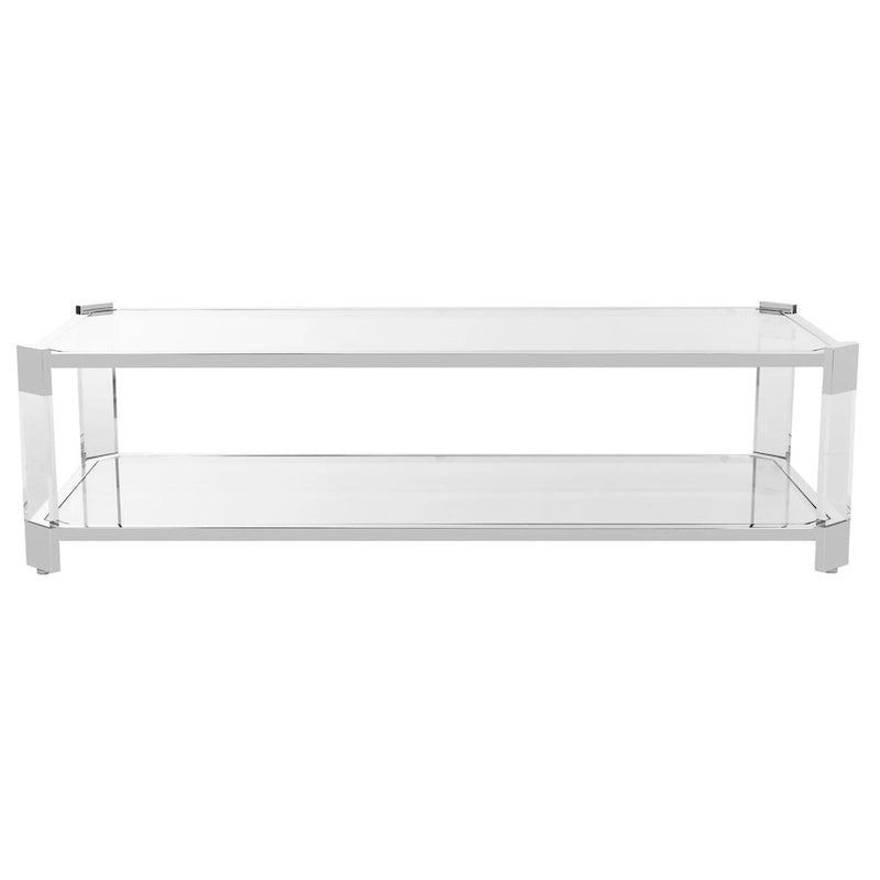 Table basse en verre transparent et acrylique avec cadre en acier inoxydable argenté | Luxe moderne