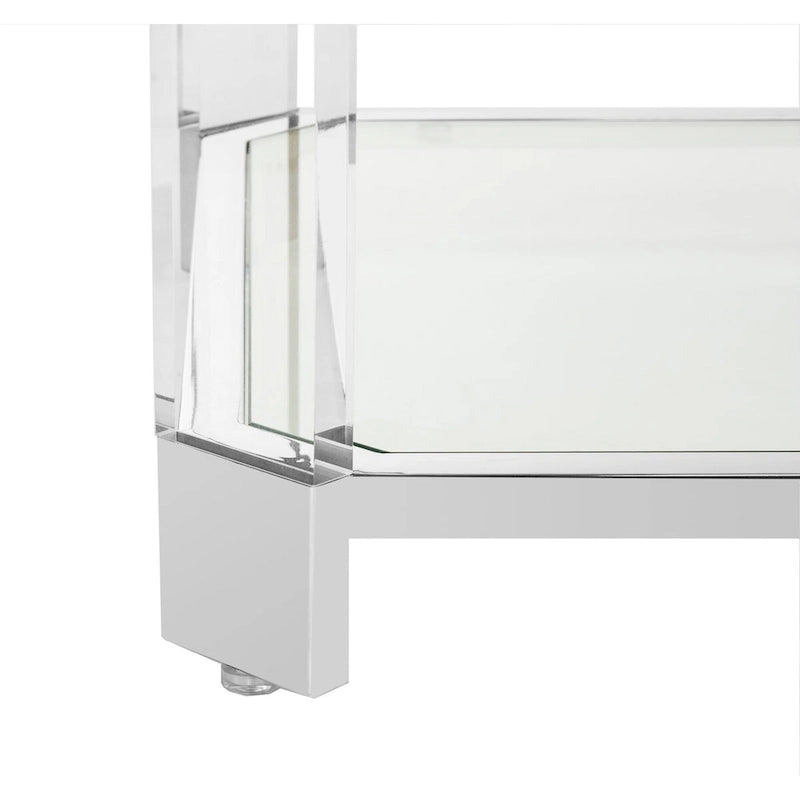 Table basse en verre transparent et acrylique avec cadre en acier inoxydable argenté | Luxe moderne