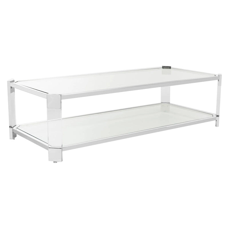 Table basse en verre transparent et acrylique avec cadre en acier inoxydable argenté | Luxe moderne