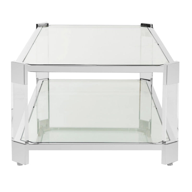 Table basse en verre transparent et acrylique avec cadre en acier inoxydable argenté | Luxe moderne