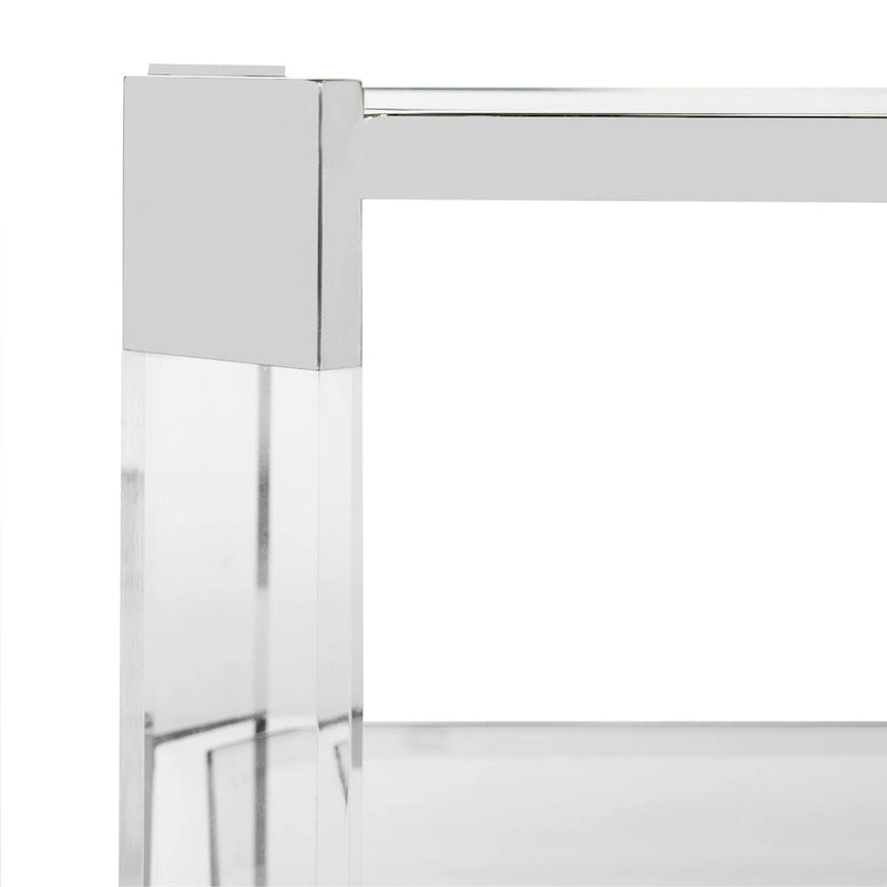 Table basse en verre transparent et acrylique avec cadre en acier inoxydable argenté | Luxe moderne