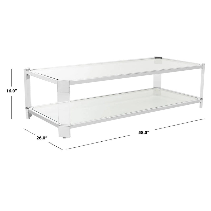 Table basse en verre transparent et acrylique avec cadre en acier inoxydable argenté | Luxe moderne