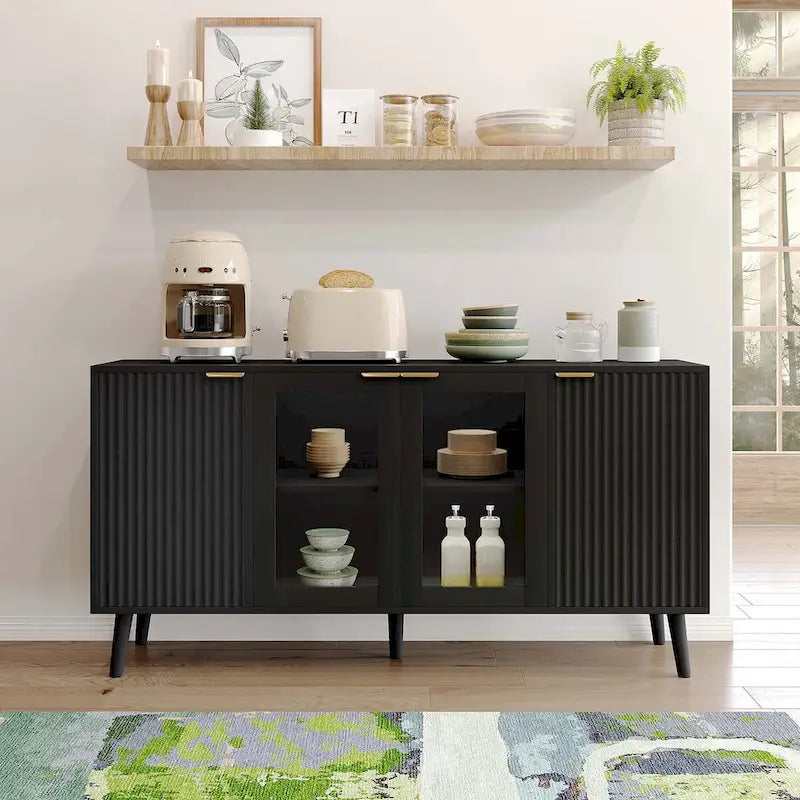 Buffet 4 portes avec vitrines et 6 étagères de rangement