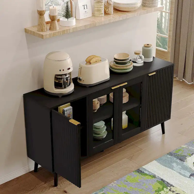 Buffet 4 portes avec vitrines et 6 étagères de rangement