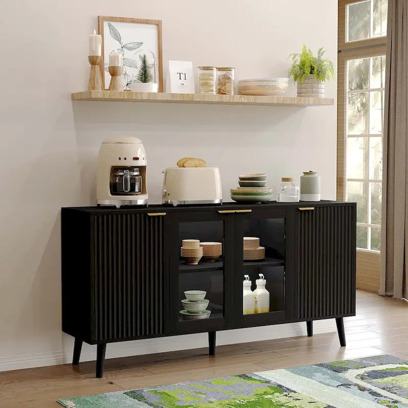 Buffet 4 portes avec vitrines et 6 étagères de rangement