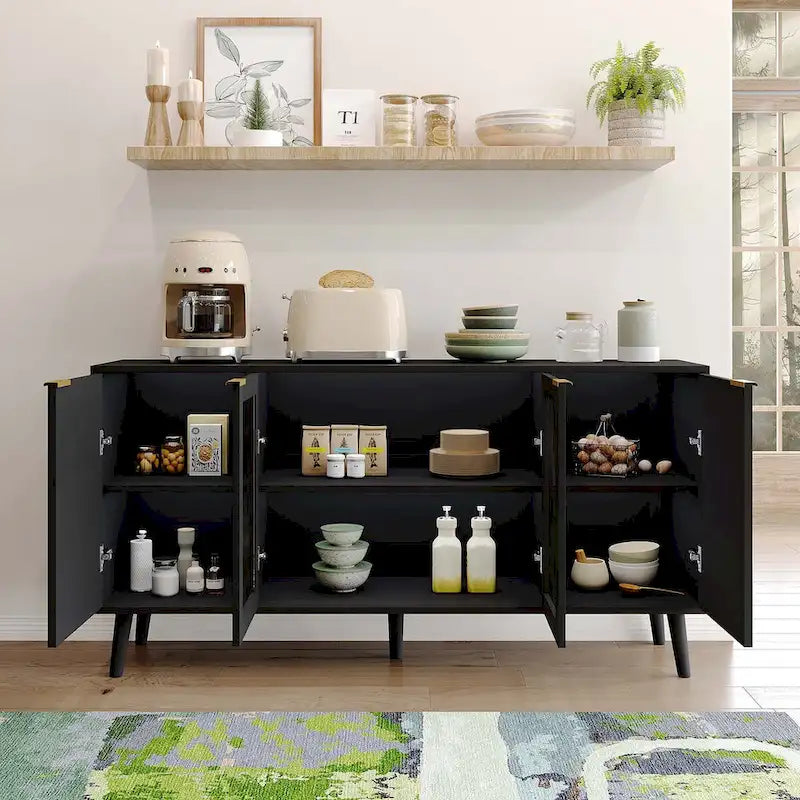 Buffet 4 portes avec vitrines et 6 étagères de rangement