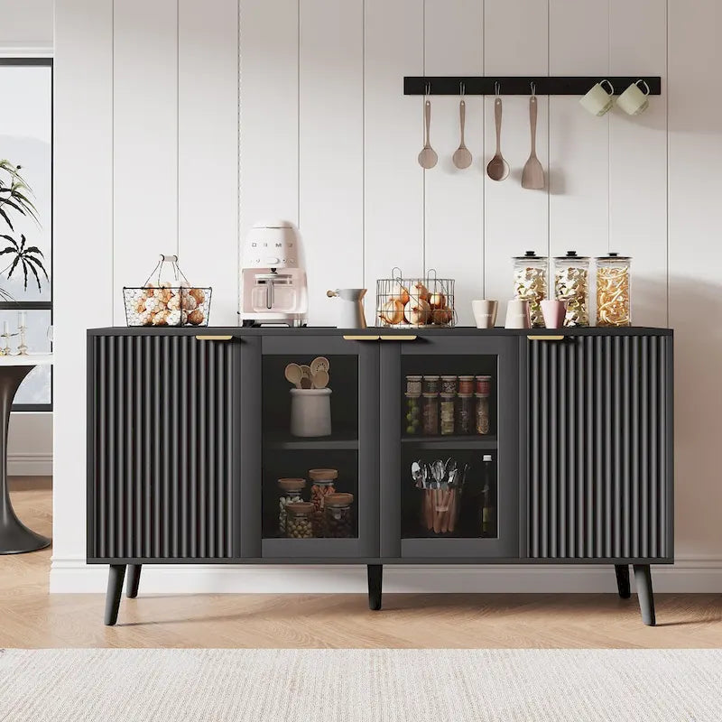 Buffet 4 portes avec vitrines et 6 étagères de rangement
