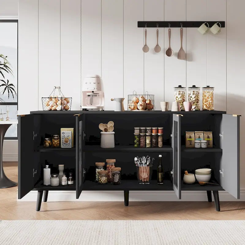 Buffet 4 portes avec vitrines et 6 étagères de rangement