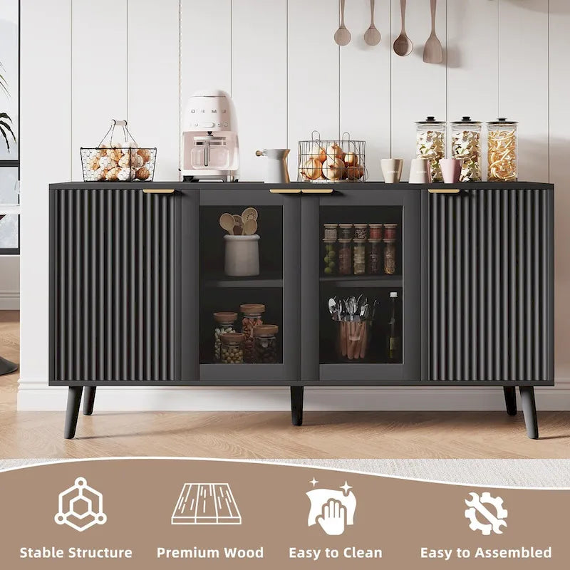 Buffet 4 portes avec vitrines et 6 étagères de rangement