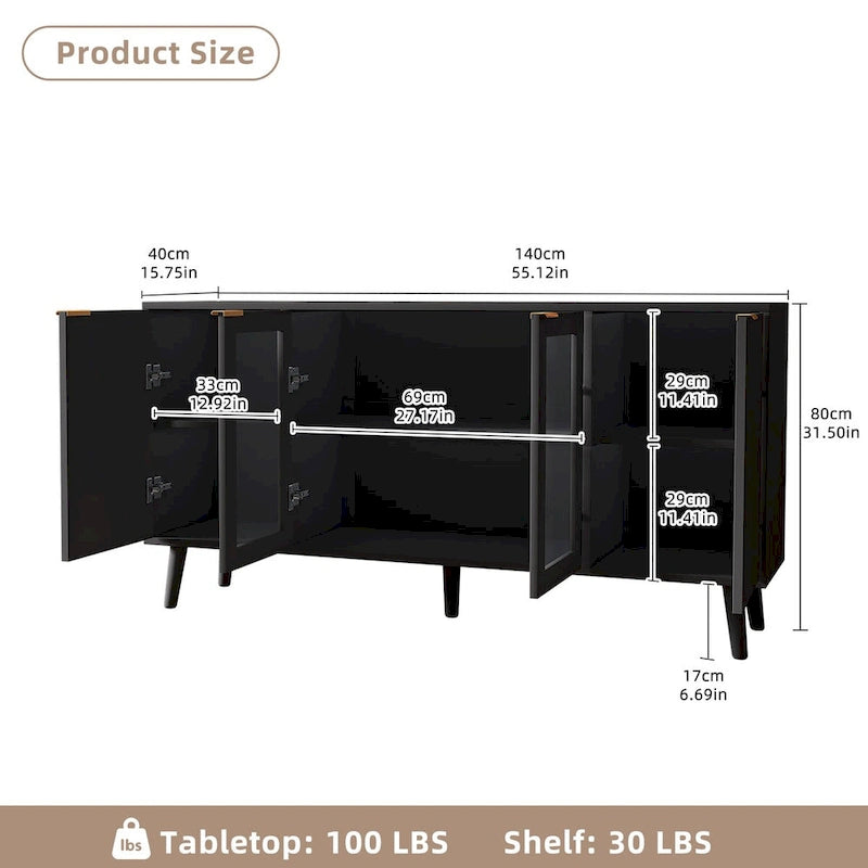 Buffet 4 portes avec vitrines et 6 étagères de rangement