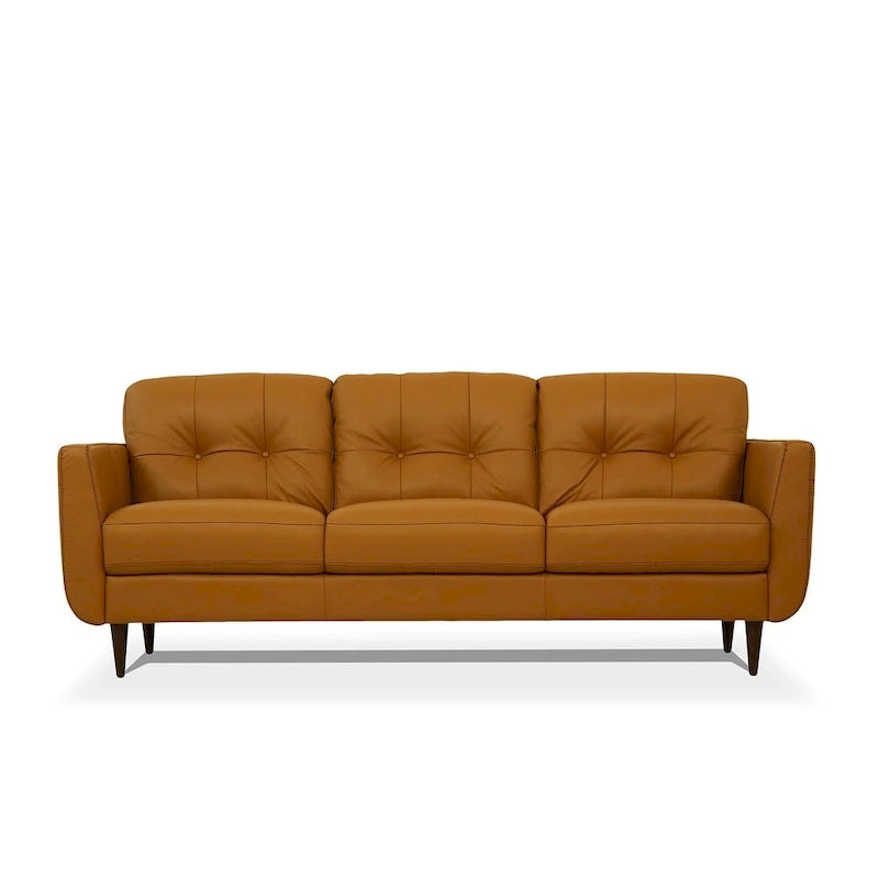 Canapé 83" en cuir orange avec capitonnage et pieds en bois massif noir