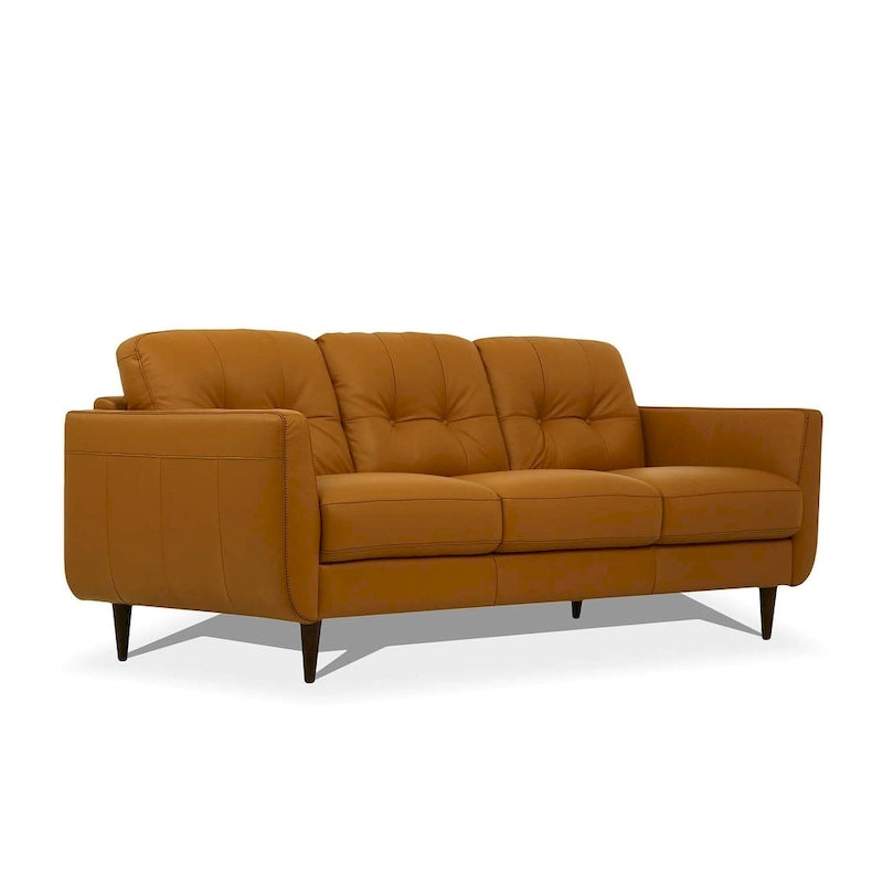Canapé 83" en cuir orange avec capitonnage et pieds en bois massif noir