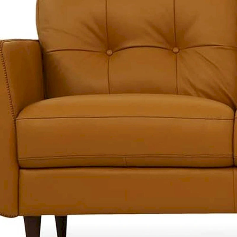 Canapé 83" en cuir orange avec capitonnage et pieds en bois massif noir