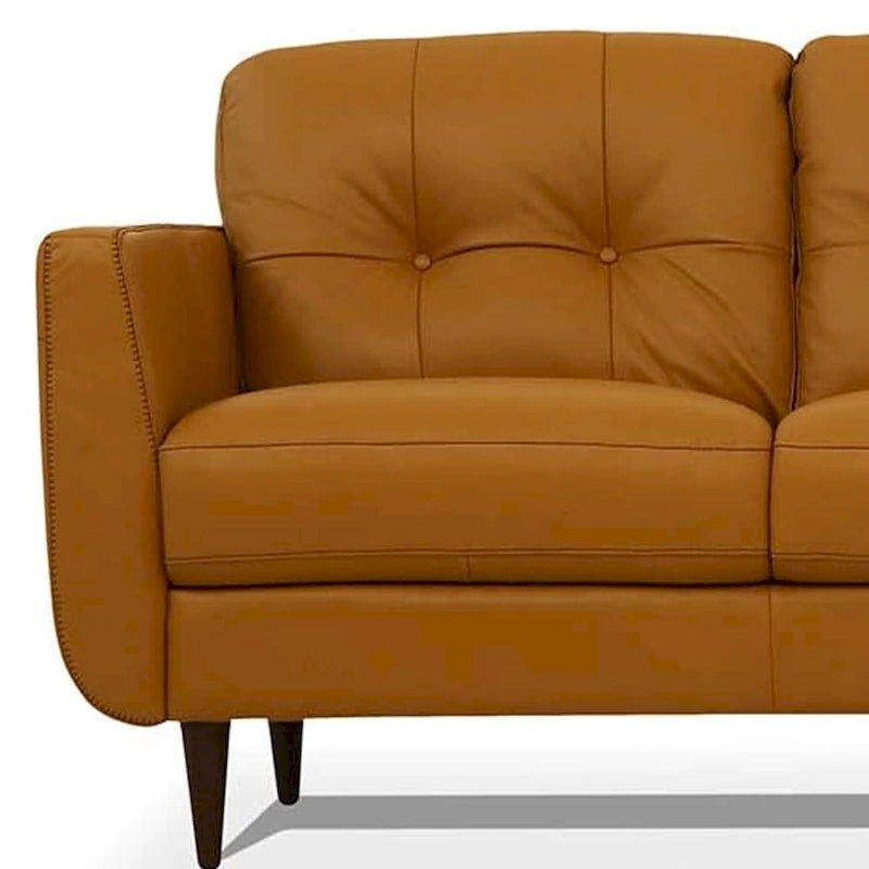 Canapé 83" en cuir orange avec capitonnage et pieds en bois massif noir