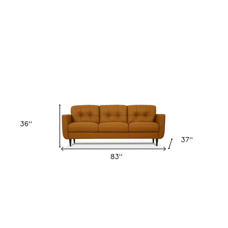 Canapé 83" en cuir orange avec capitonnage et pieds en bois massif noir