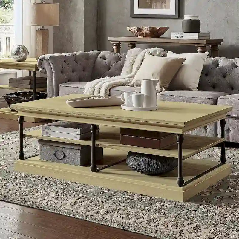 Table basse rectangulaire industrielle avec étagères de rangement ouvertes