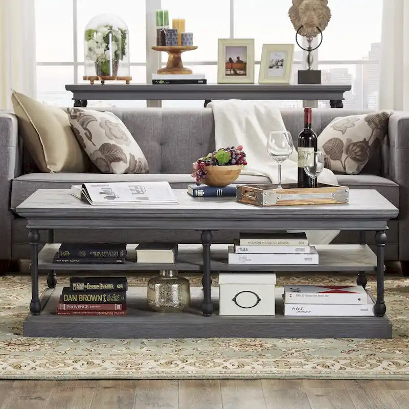 Table basse rectangulaire industrielle avec étagères de rangement ouvertes