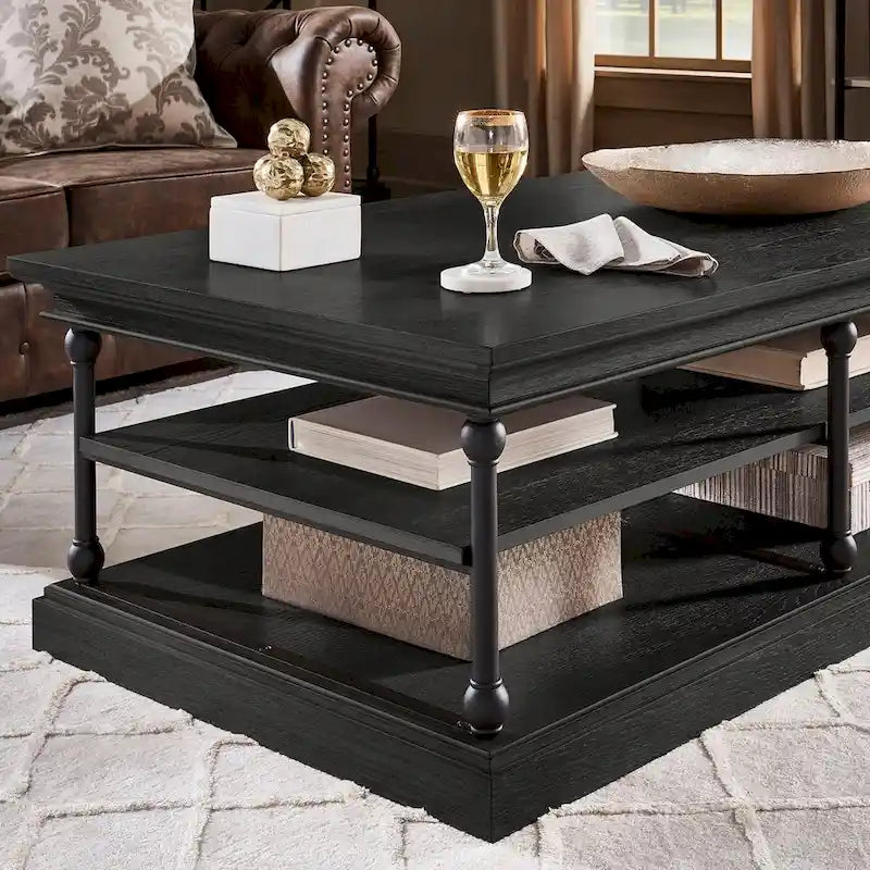 Table basse rectangulaire industrielle avec étagères de rangement ouvertes