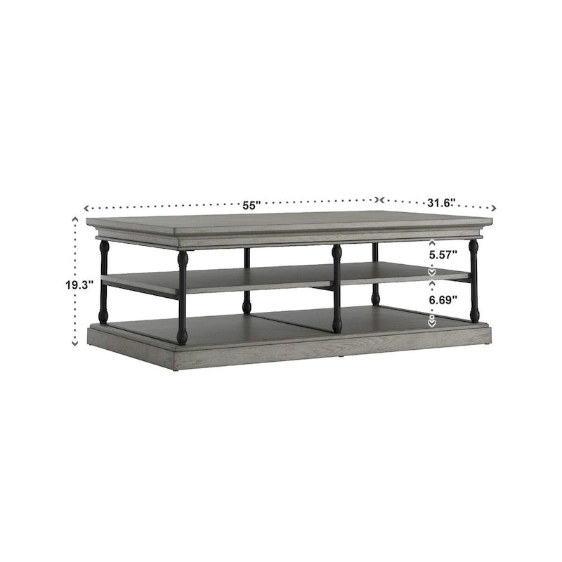 Table basse rectangulaire industrielle avec étagères de rangement ouvertes