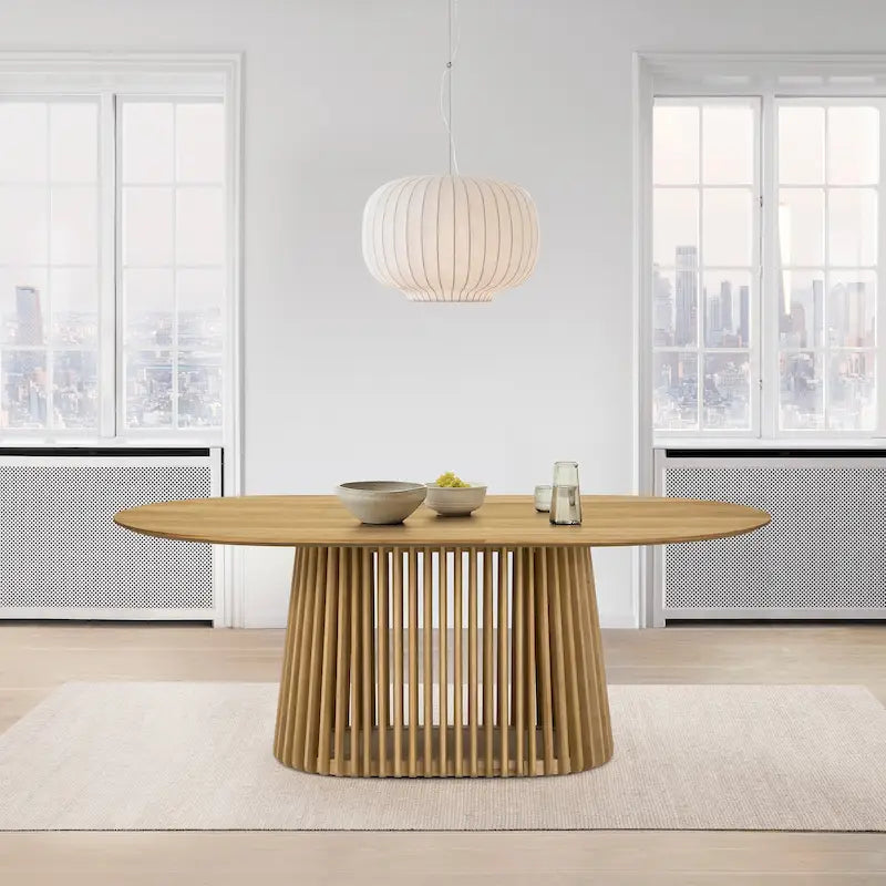 Table à manger ovale en bois massif de 79 po avec piètement central à lattes | 7 places