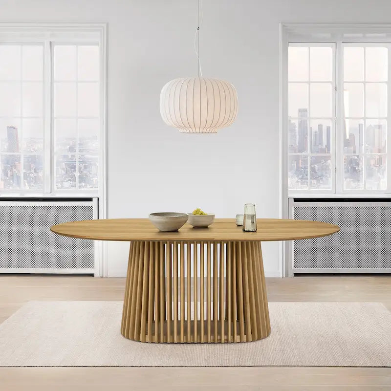 Table à manger ovale en bois massif de 79 po avec piètement central à lattes | 7 places