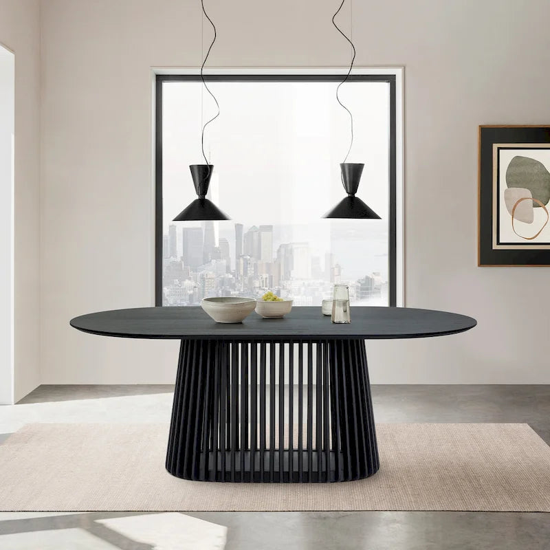 Table à manger ovale en bois massif de 79 po avec piètement central à lattes | 7 places