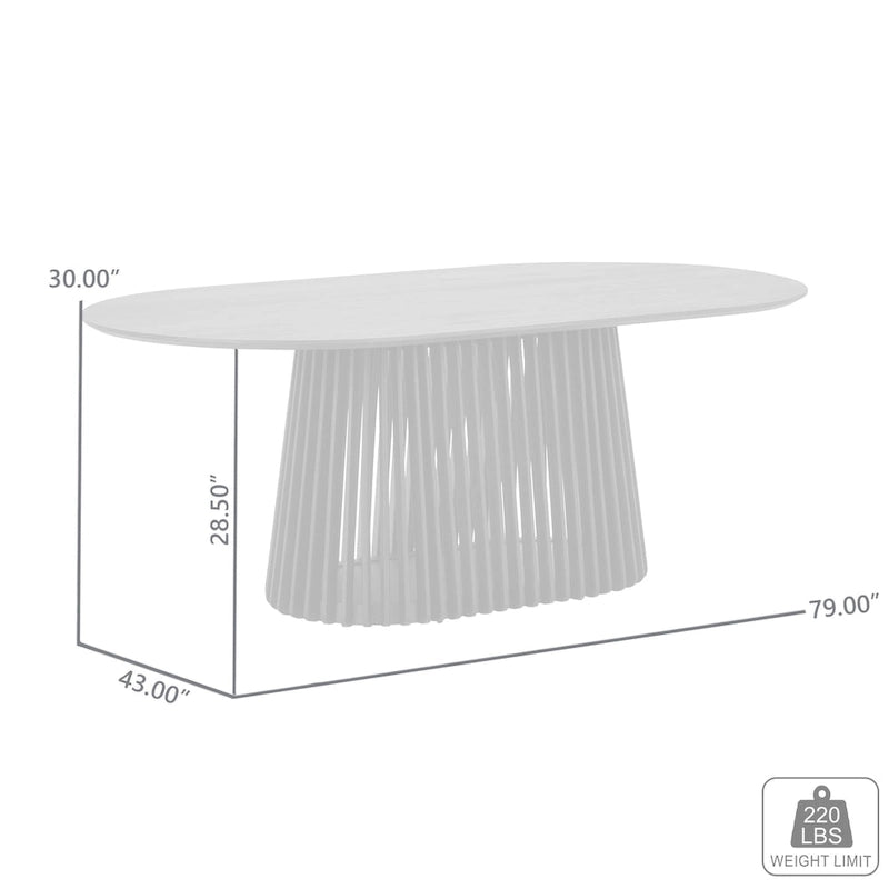 Table à manger ovale en bois massif de 79 po avec piètement central à lattes | 7 places