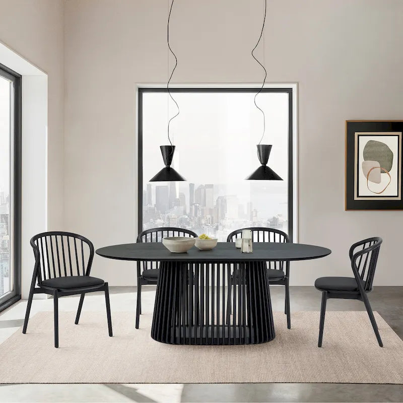 Table à manger ovale en bois massif de 79 po avec piètement central à lattes | 7 places