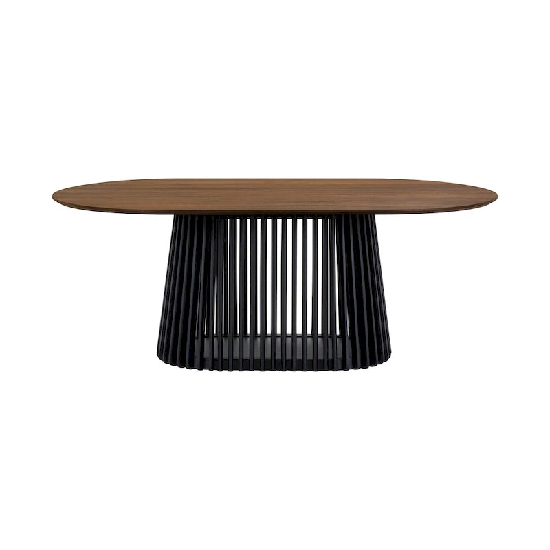 Table à manger ovale en bois massif de 79 po avec piètement central à lattes | 7 places