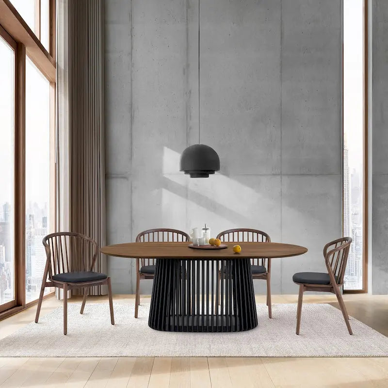 Table à manger ovale en bois massif de 79 po avec piètement central à lattes | 7 places