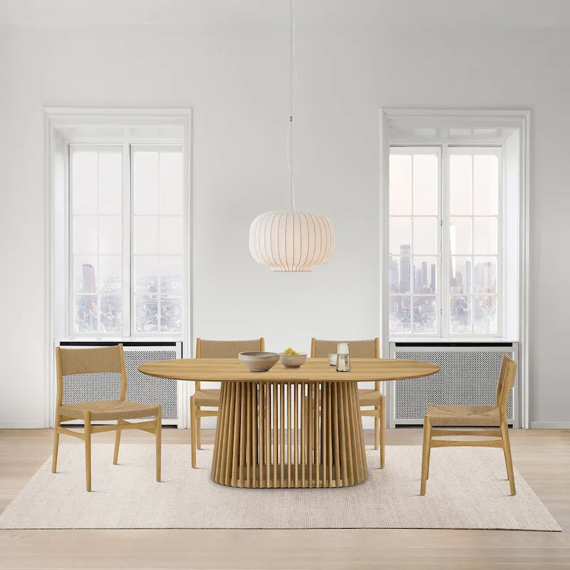 Table à manger ovale en bois massif de 79 po avec piètement central à lattes | 7 places